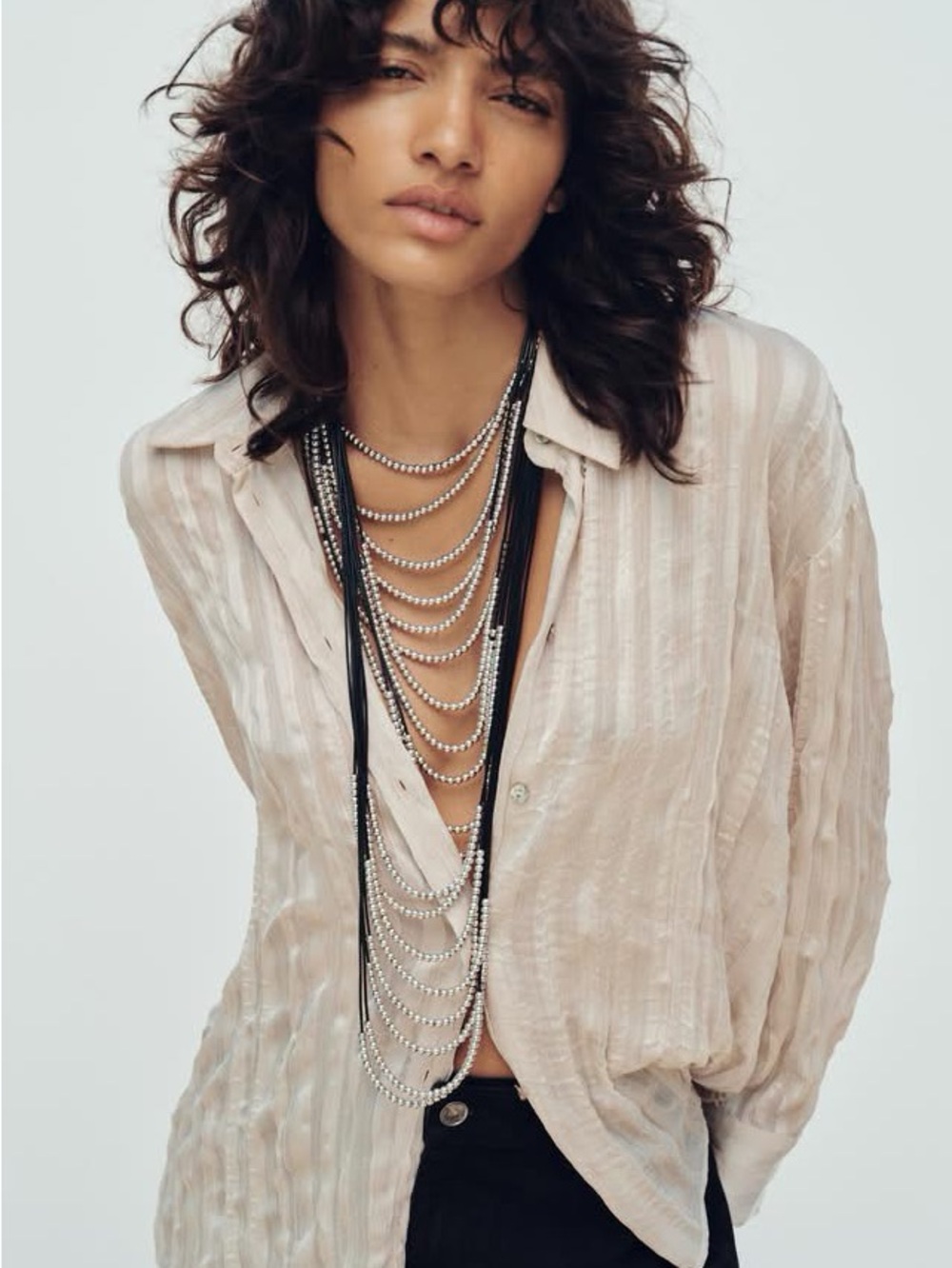 Zara / As New/Cream Pleated Sheer Blouse Sz S